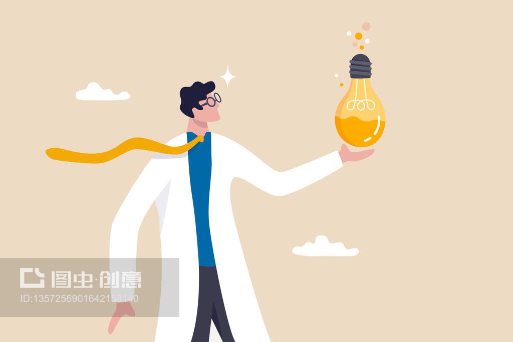 实验新的创意理念,研究发现和发明新产品,创业心态或商业分析概念,商人实验新想法灯泡发明新产品。